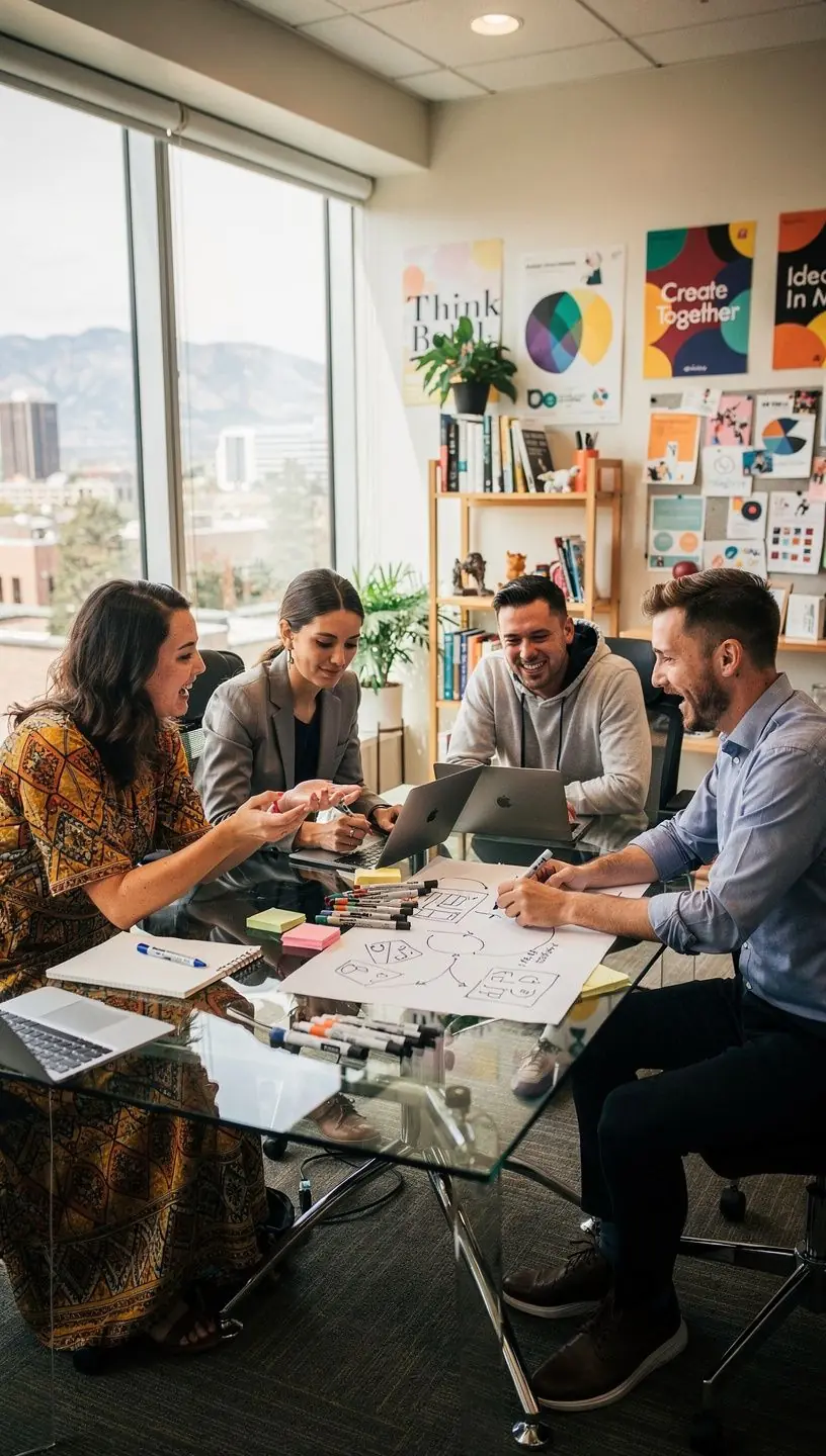 Креативный уголок для сотрудников с оригинальным дизайном и яркими материалами, способствующими вдохновению.