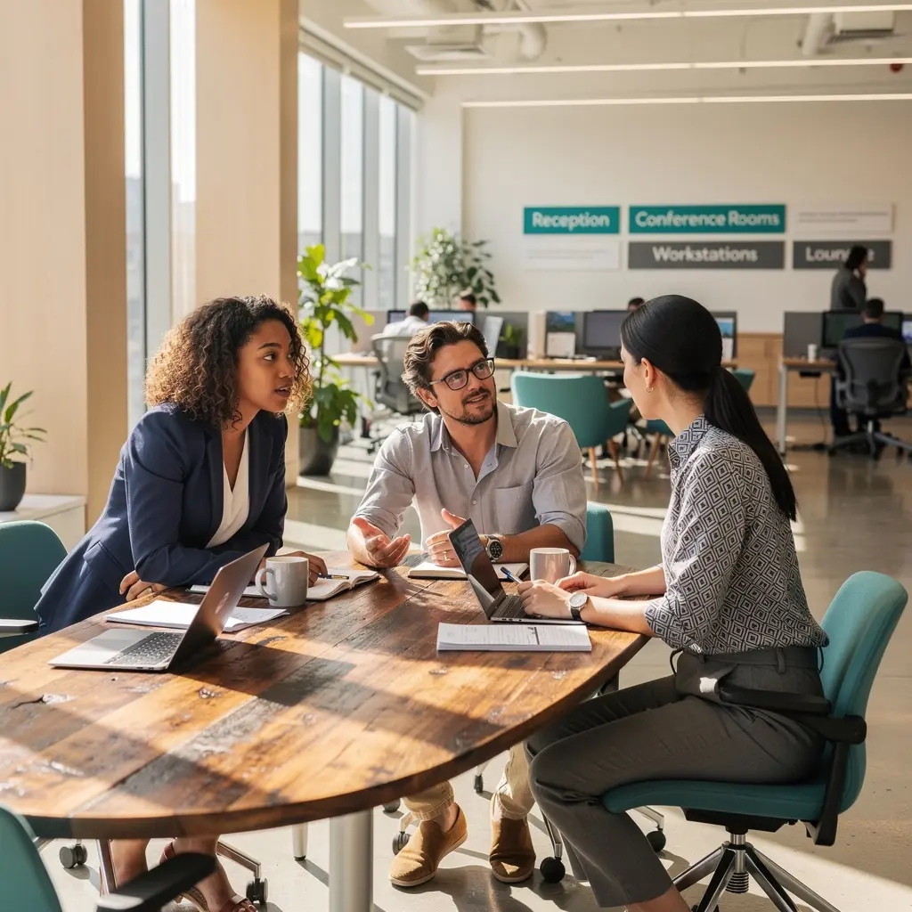 Креативное оформление переговорной комнаты с использованием фирменных цветов компании.